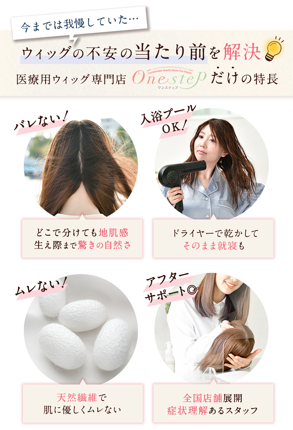 医療用ウィッグ専門店ワンステップだけの特長で解決！